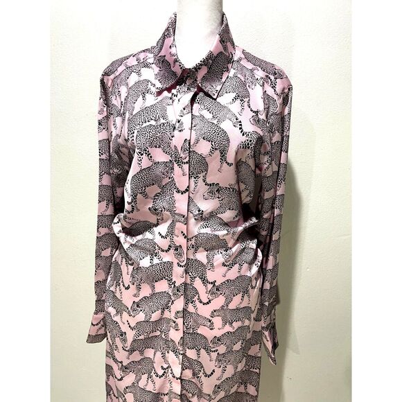 OTG morris maxi shirt dress leopard parade novelty print ruched pink women's  L - Picture 4 of 7